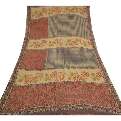 Sanskriti Vintage Pure Georgette Silk Sarees Red Printed Sari 5yd Craft Sustainable Fabric