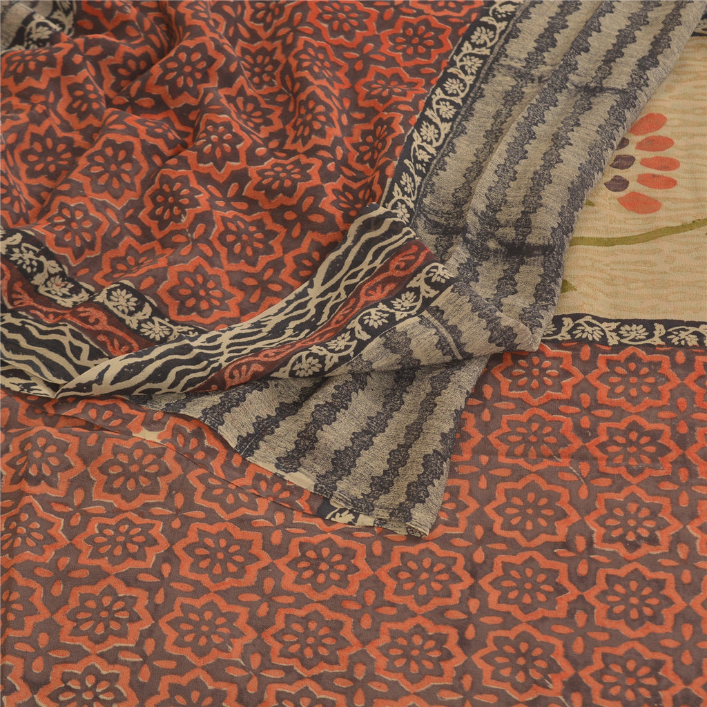 Sanskriti Vintage Pure Georgette Silk Sarees Red Printed Sari 5yd Craft Sustainable Fabric