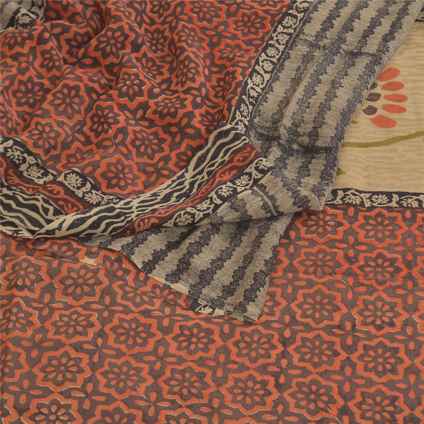 Sanskriti Vintage Pure Georgette Silk Sarees Red Printed Sari 5yd Craft Sustainable Fabric