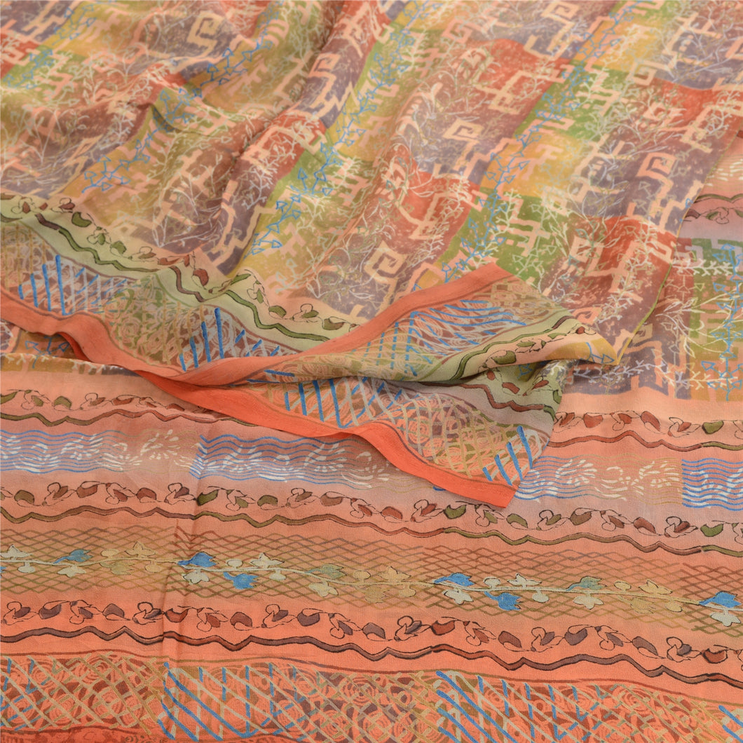 Sanskriti Vintage Pure Georgette Silk Sarees Peach Printed Sari 5yd Craft Fabric