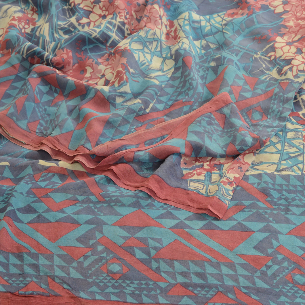 Sanskriti Vintage Pure Georgette Silk Sarees Blue Printed Sari 5yd Craft Fabric