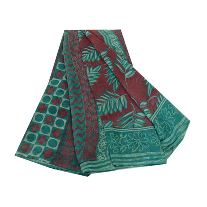 Sanskriti Vintage Grønne Ren Georgette Silke Sarier Trykt Sari 5yd Håndværk Bæredygtigt Stoff