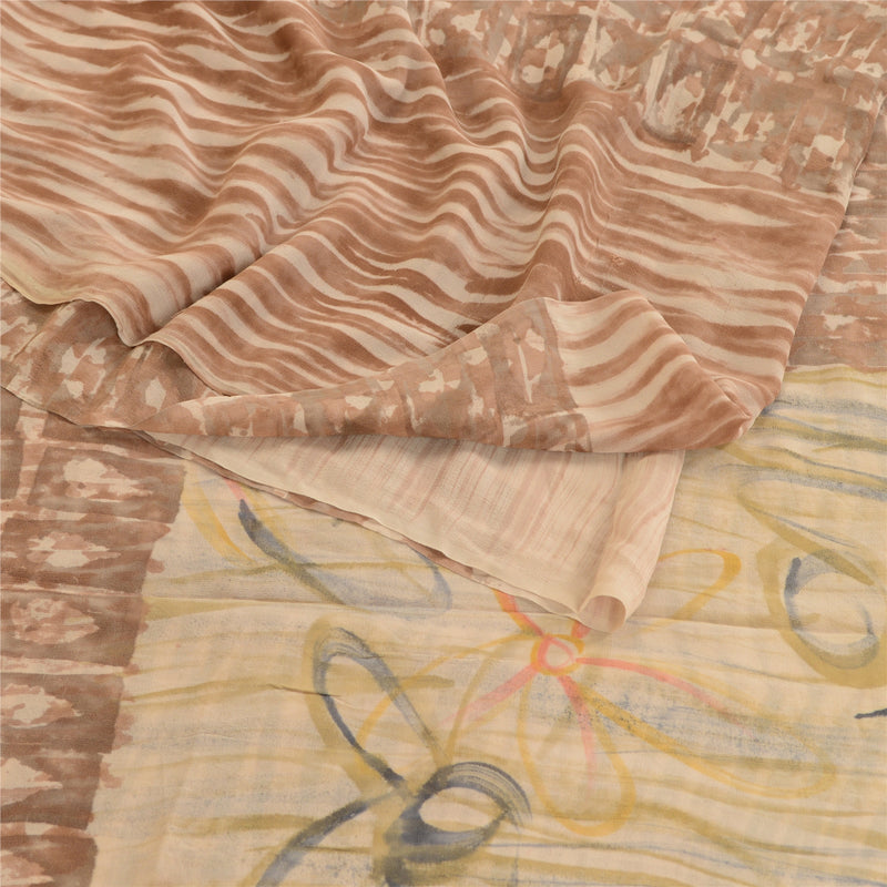 Sanskriti Vintage Pale Cream Pure Georgette Silk Sarees Print Sari Craft Sustainable Fabric