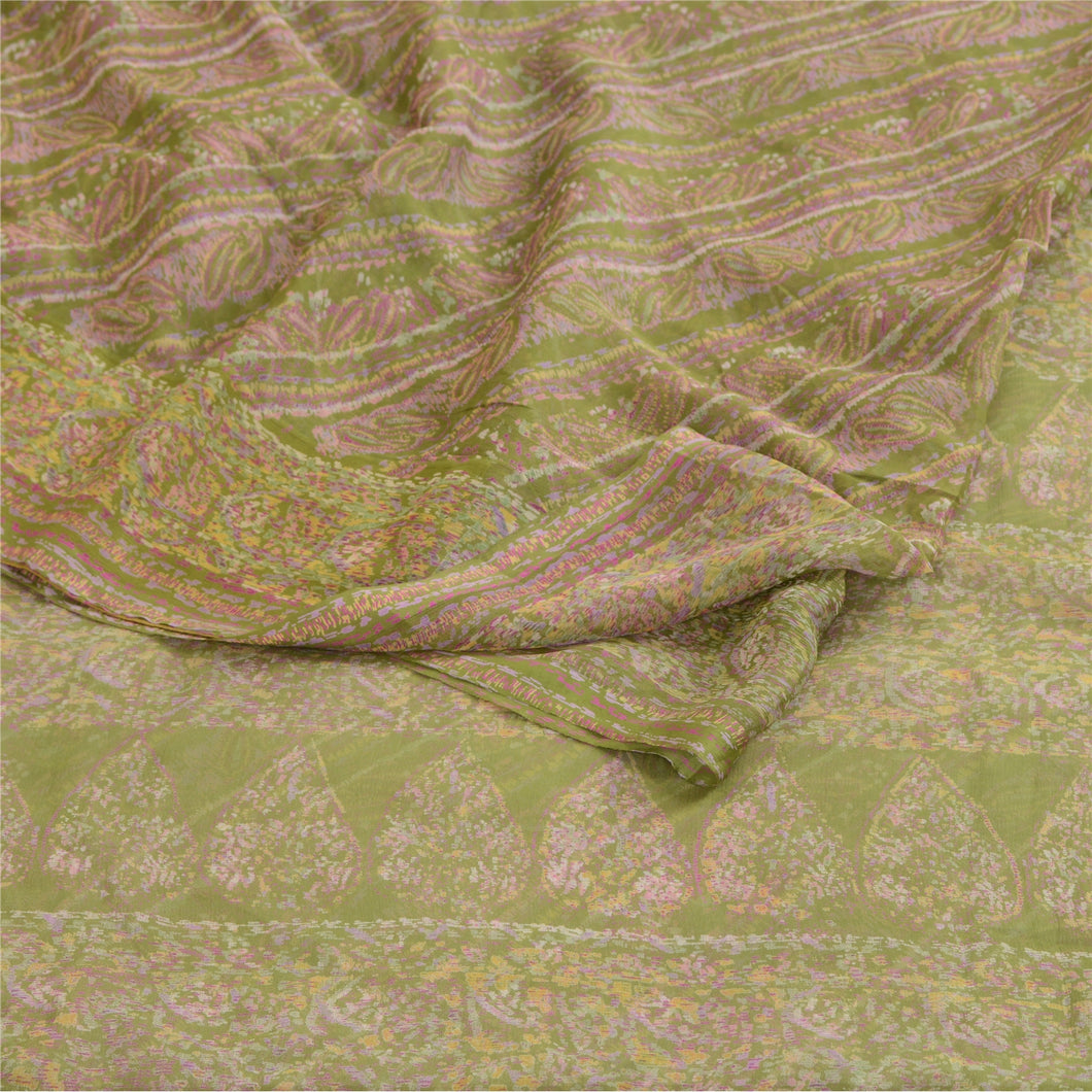 Sanskriti Vintage Green Sarees Pure Chiffon Silk Printed Sari 5yd Craft Fabric