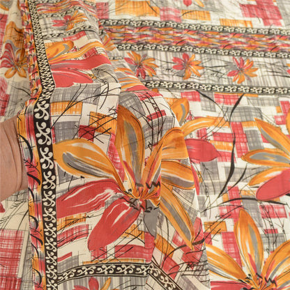 Sanskriti Vintage Red Sarees Indian Mose Crepe Printed Sari Soft Craft Sustainable Fabric