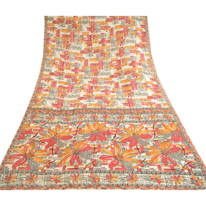 Sanskriti Vintage Red Sarees Indian Mose Crepe Printed Sari Soft Craft Sustainable Fabric