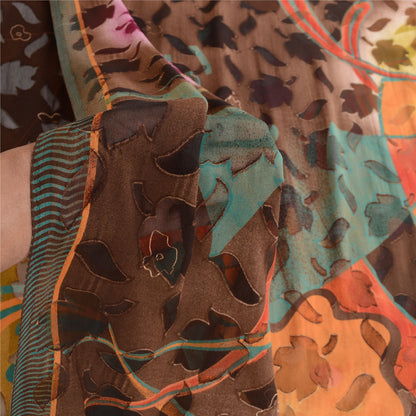 Sanskriti Vintage Brown Indian Sarees Georgette Printed Sari 5yd Craft Sustainable Fabric