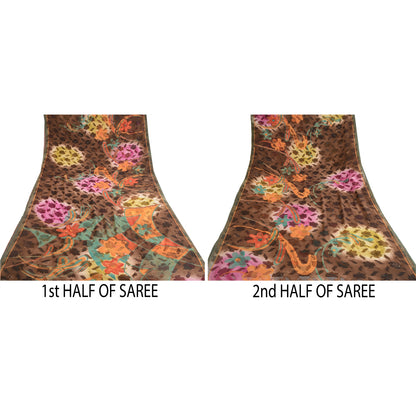 Sanskriti Vintage Brown Indian Sarees Georgette Printed Sari 5yd Craft Sustainable Fabric