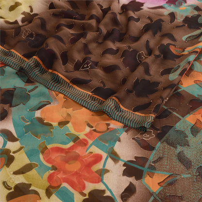 Sanskriti Vintage Brown Indian Sarees Georgette Printed Sari 5yd Craft Sustainable Fabric