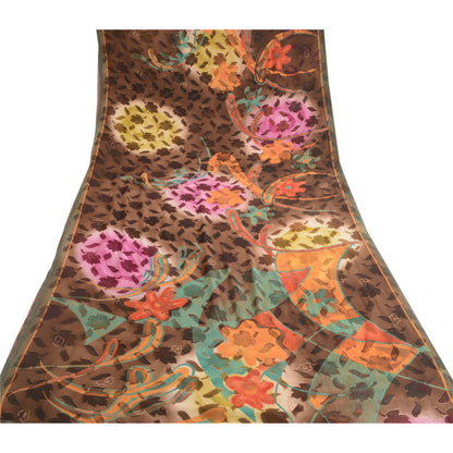 Sanskriti Vintage Brown Indian Sarees Georgette Printed Sari 5yd Craft Sustainable Fabric