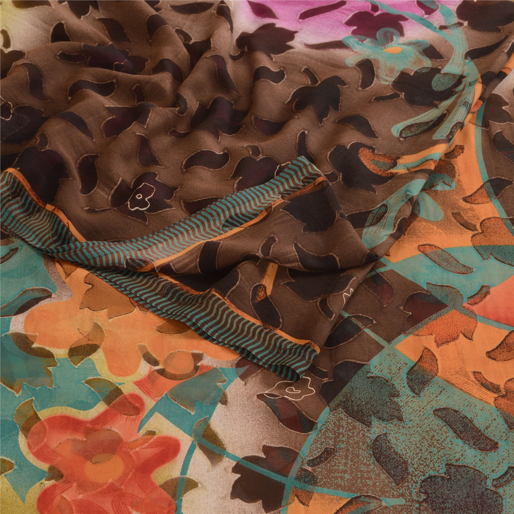 Sanskriti Vintage Brown Indian Sarees Georgette Printed Sari 5yd Craft Sustainable Fabric