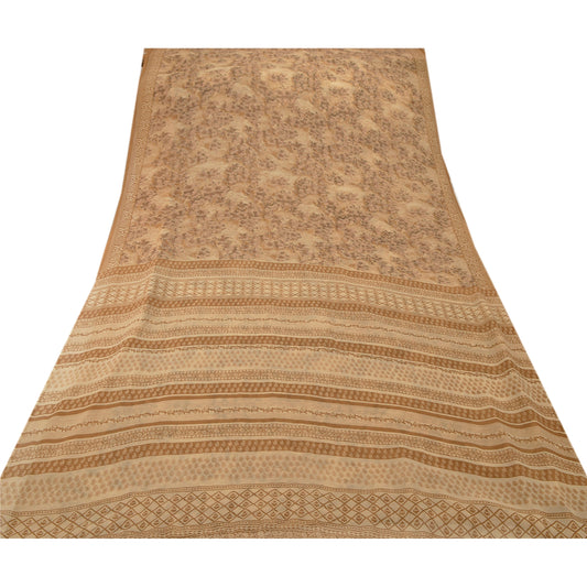 Sanskriti Vintage Georgette Saree Cream Printed Sari 5 YARD Craft Sustainable Fabric