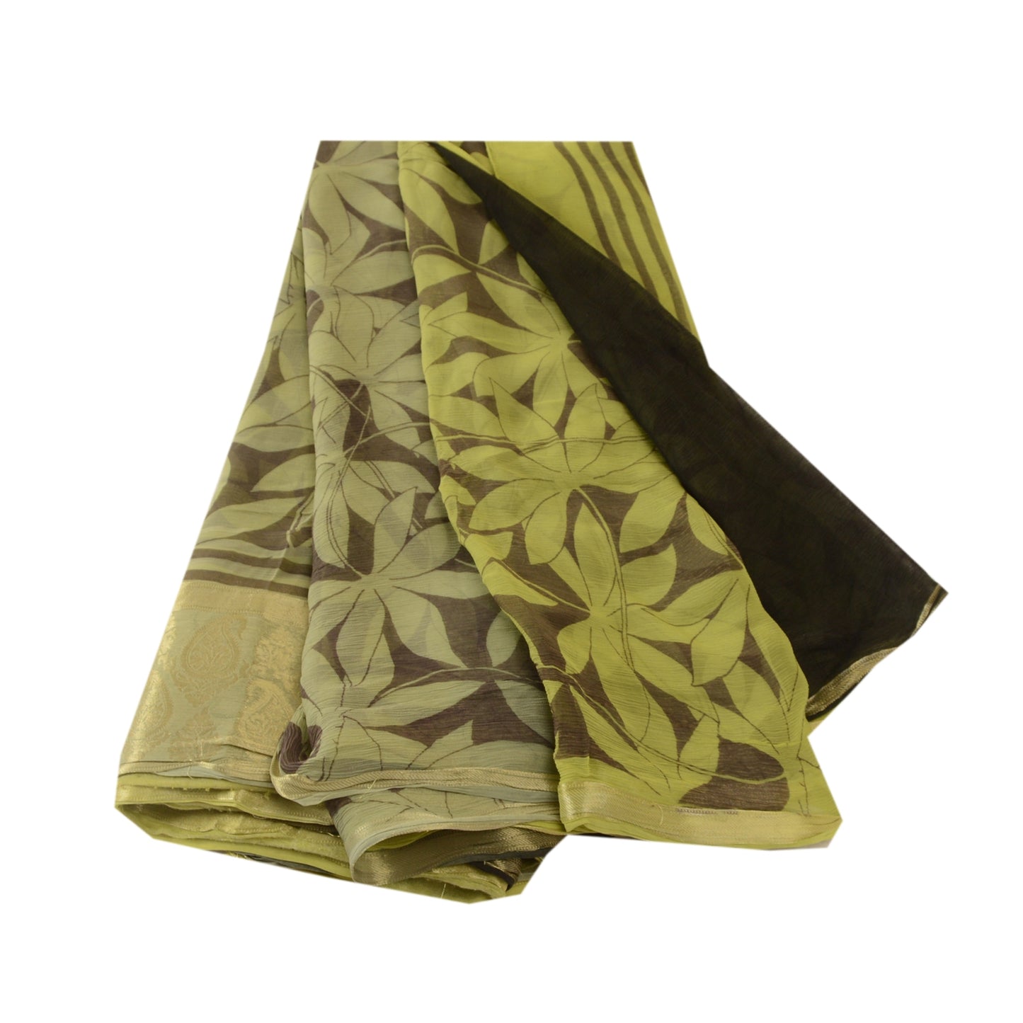 Sanskriti Vintage Green Sarees Blend Georgette Print Zari Sari 5yd Craft Sustainable Fabric