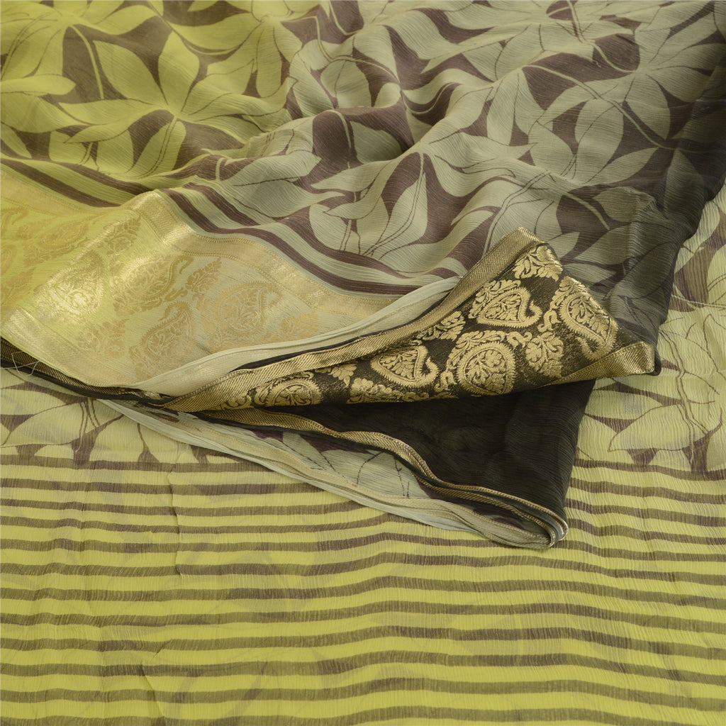 Sanskriti Vintage Green Sarees Blend Georgette Print Zari Sari 5yd Craft Sustainable Fabric