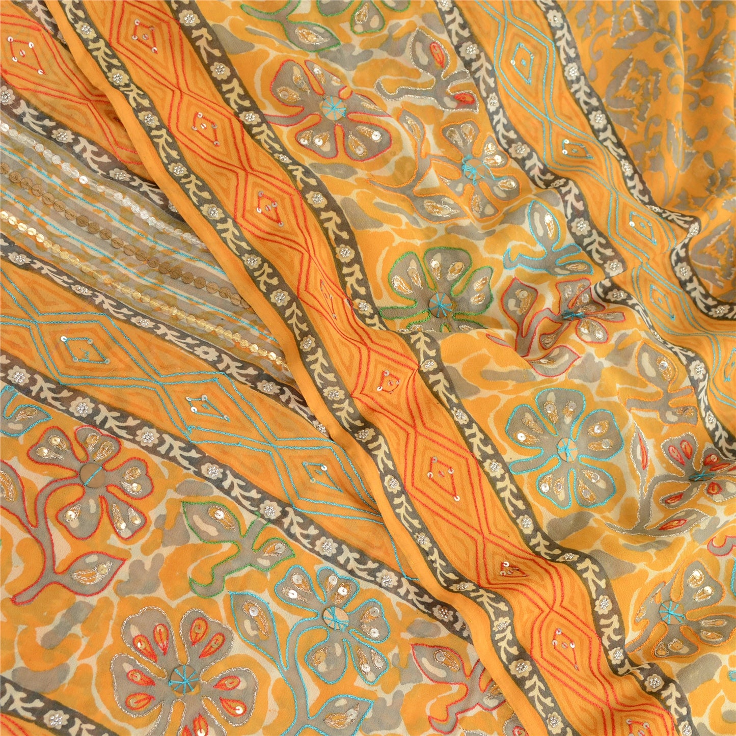 Sanskriti Vintage Mustard Sarees Hand Bead Pure Georgette Silk Sari Craft Sustainable Fabric