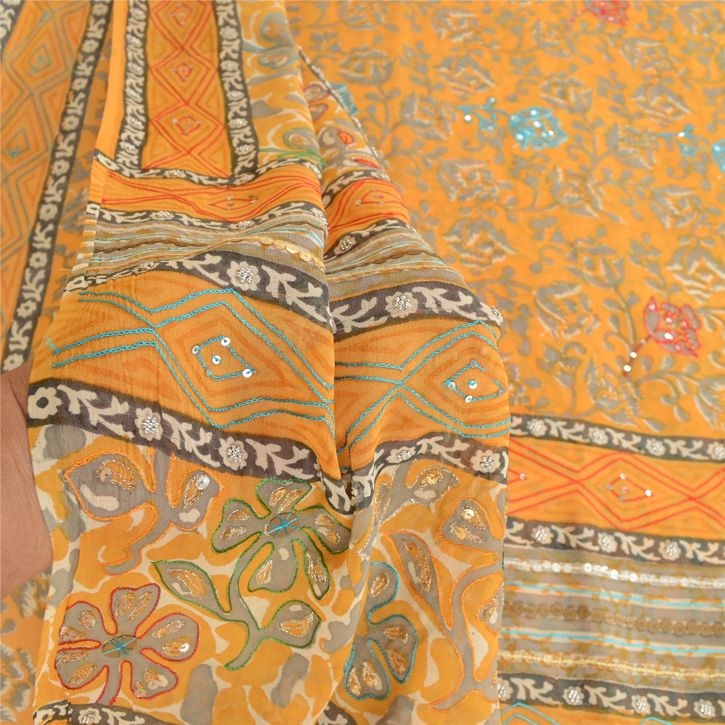 Sanskriti Vintage Mustard Sarees Hand Bead Pure Georgette Silk Sari Craft Sustainable Fabric