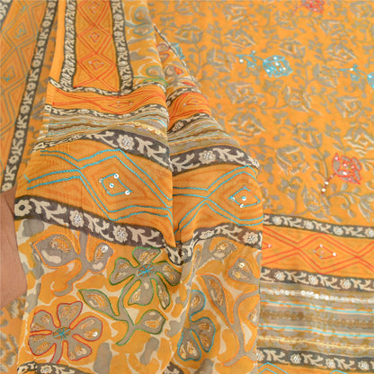 Sanskriti Vintage Mustard Sarees Hand Bead Pure Georgette Silk Sari Craft Sustainable Fabric