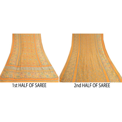 Sanskriti Vintage Mustard Sarees Hand Bead Pure Georgette Silk Sari Craft Sustainable Fabric