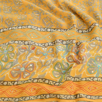 Sanskriti Vintage Mustard Sarees Hand Bead Pure Georgette Silk Sari Craft Sustainable Fabric