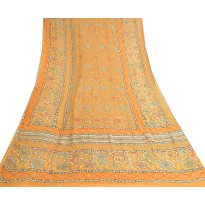 Sanskriti Vintage Mustard Sarees Hand Bead Pure Georgette Silk Sari Craft Sustainable Fabric