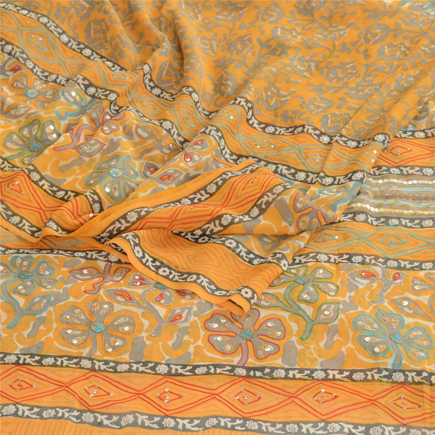 Sanskriti Vintage Mustard Sarees Hand Bead Pure Georgette Silk Sari Craft Sustainable Fabric