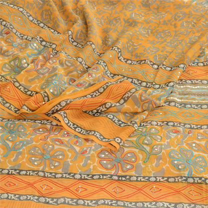 Sanskriti Vintage Mustard Sarees Hand Bead Pure Georgette Silk Sari Craft Sustainable Fabric