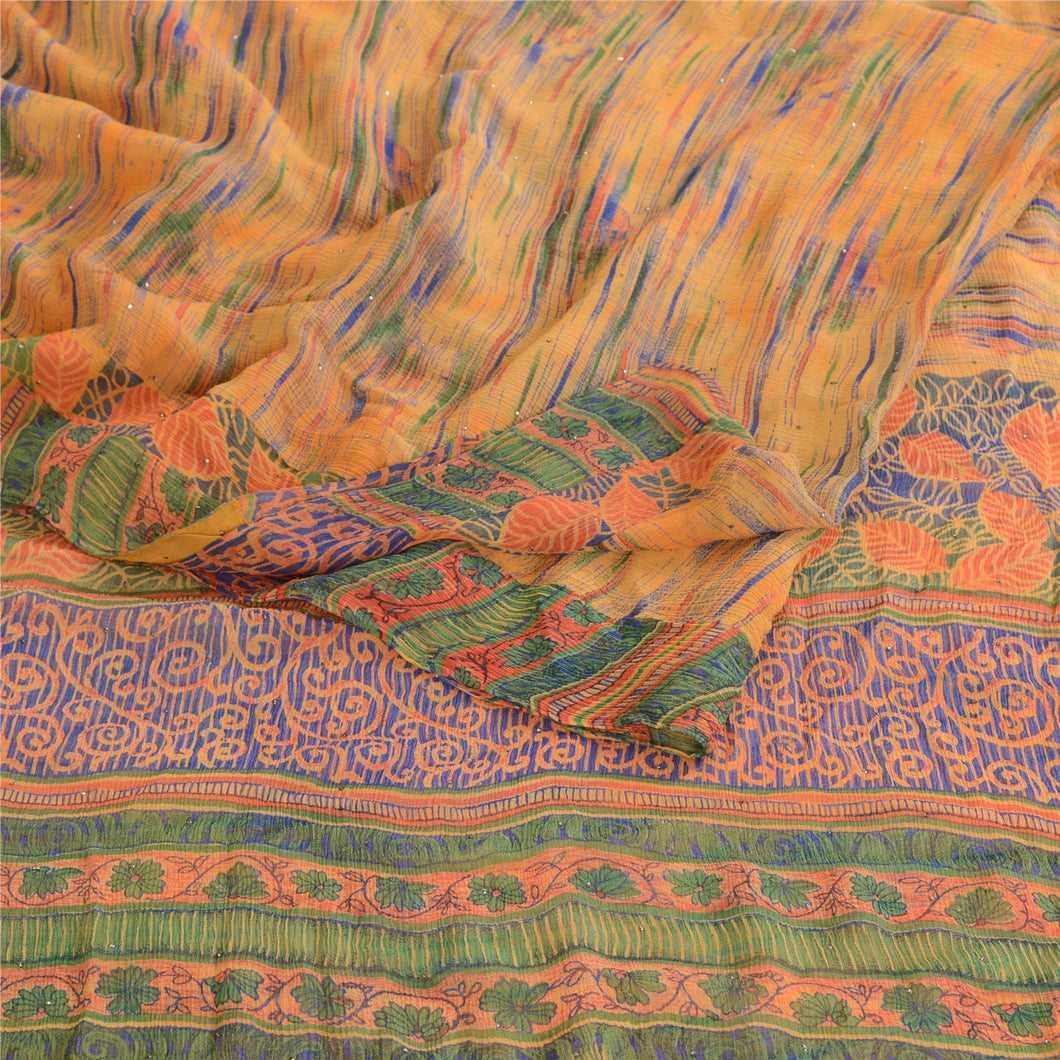 Sanskriti Vintage Orange Pure Chiffon Silk Sarees Print Sari Mukesh Craft Fabric