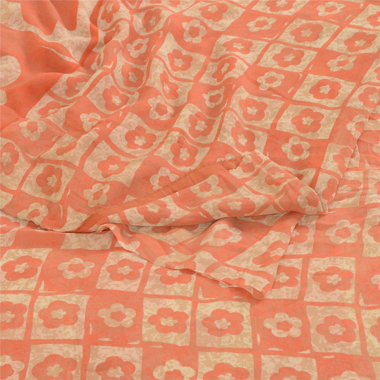 Sanskriti Vintage Peach Pure Georgette Silk Sarees Printed Sari 5yd Craft Sustainable Fabric