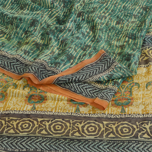Sanskriti Vintage Green Pure Georgette Silk Sarees Printed Sari 5yd Craft Sustainable Fabric