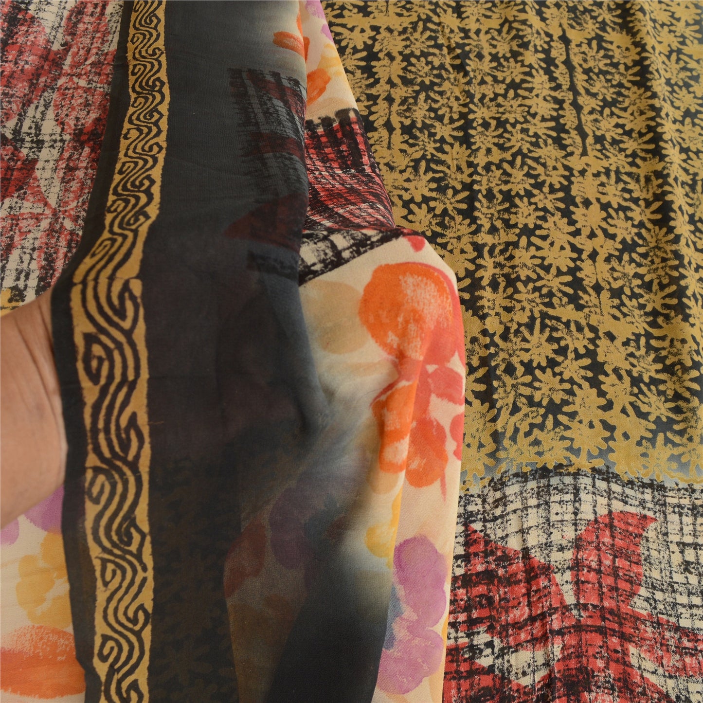 Sanskriti Vintage Multi Pure Georgette Silk Sarees Printed Sari 5yd Craft Sustainable Fabric