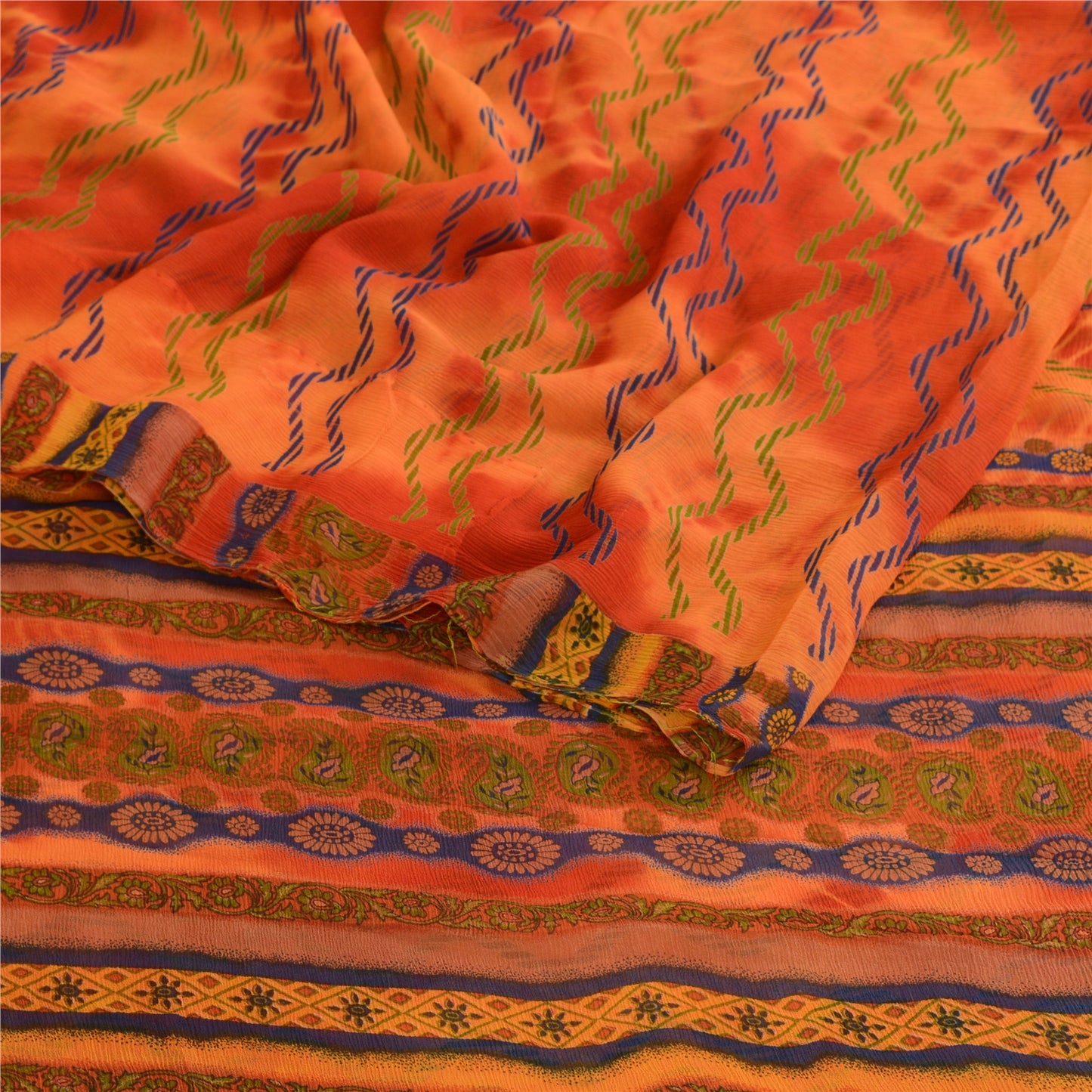 Sanskriti Vintage Rusty Orange Pure Chifffon Silk Sarees Print Sari Craft Sustainable Fabric