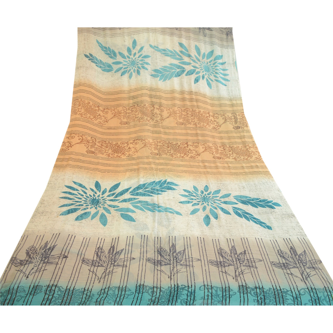 Sanskriti Vintage Blue Pure Georgette Silk Sarees Printed Sari 5yd Craft Fabric
