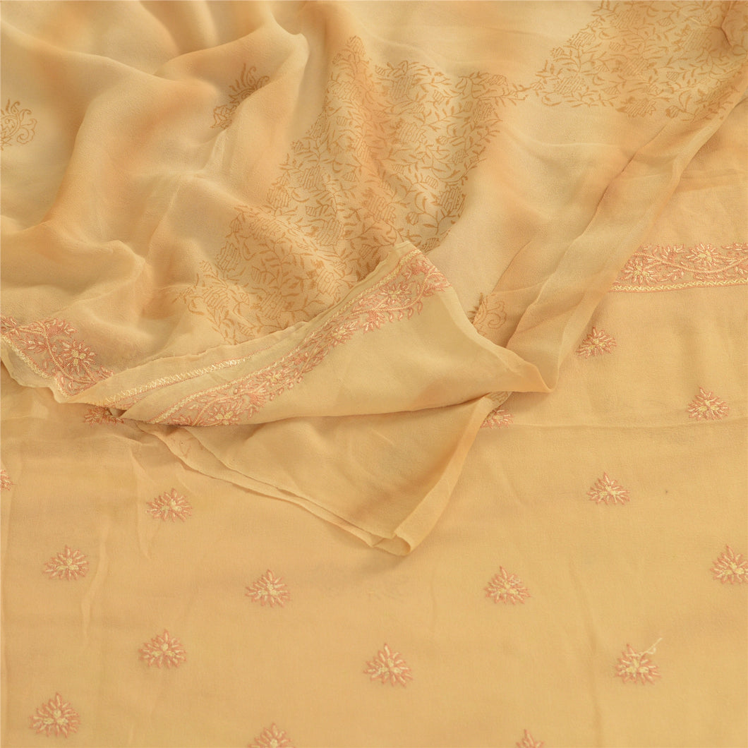 Sanskriti Vintage Beige Pure Georgette Silk Hand Made Suzani Sarees Sari Fabric
