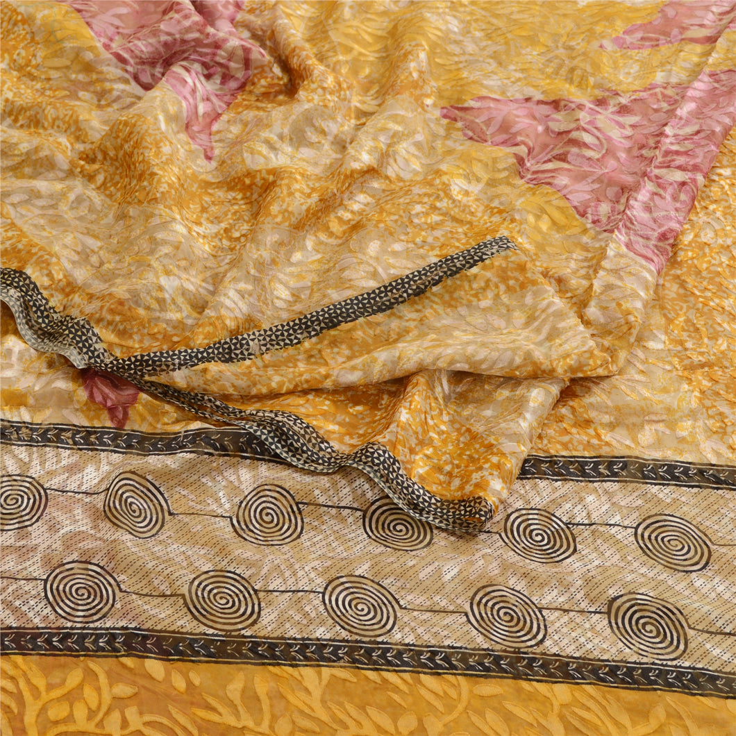 Sanskriti Vintage Mustard Brasso Work Georgette Sarees Printed Sari Craft Fabric