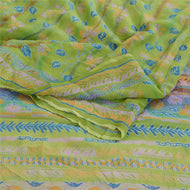Sanskriti Vintage Green Pure Chiffon Silk Sarees Printed Sari 5yd Craft Fabric