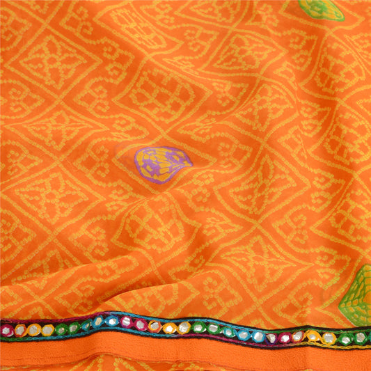 Sanskriti Vintage Saffron Georgette Sarees Printed Sari 5yd Soft Craft Sustainable Fabric