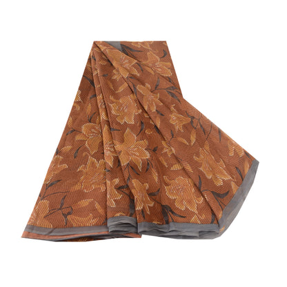 Sanskriti Vintage Brown Sarees Printed Pure Georgette Silk Sari 5yd Craft Sustainable Fabric
