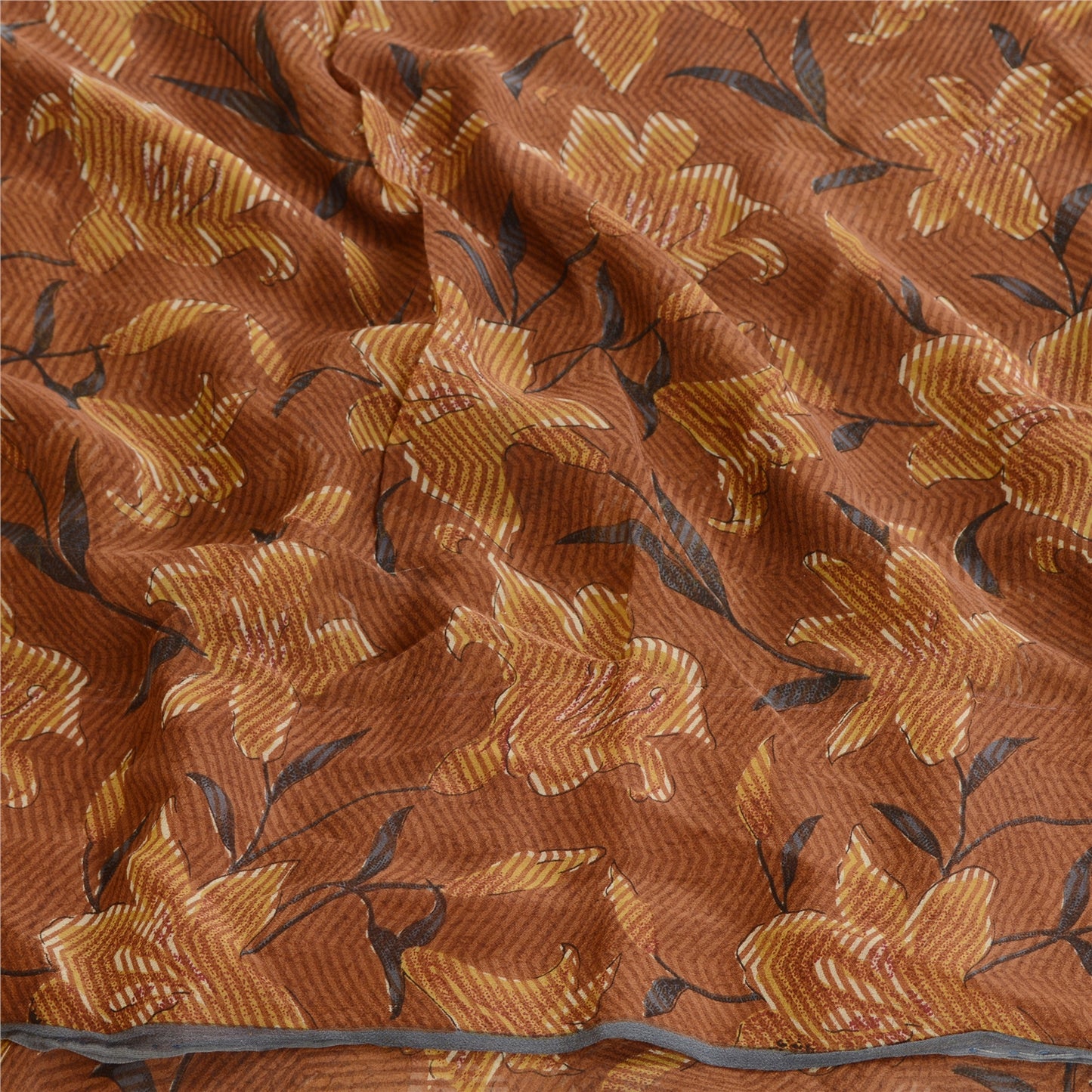 Sanskriti Vintage Brown Sarees Printed Pure Georgette Silk Sari 5yd Craft Sustainable Fabric