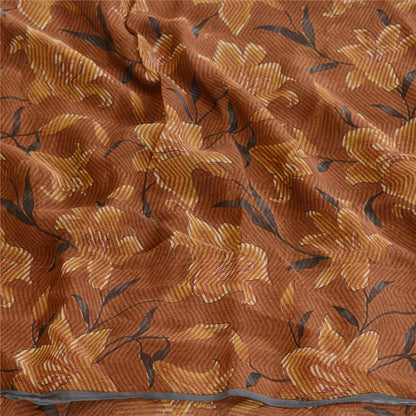 Sanskriti Vintage Brown Sarees Printed Pure Georgette Silk Sari 5yd Craft Sustainable Fabric