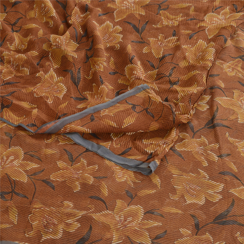 Sanskriti Vintage Brown Sarees Printed Pure Georgette Silk Sari 5yd Craft Sustainable Fabric