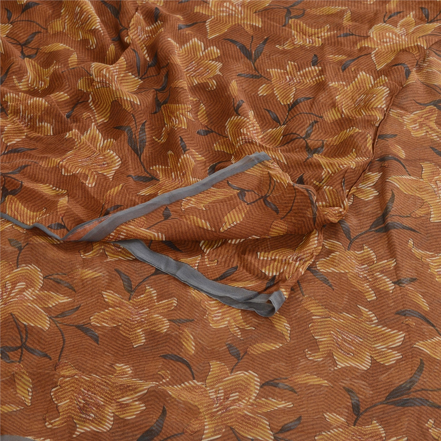 Sanskriti Vintage Brown Sarees Printed Pure Georgette Silk Sari 5yd Craft Sustainable Fabric