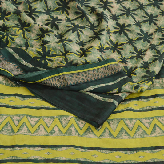 Sanskriti Vintage Green Indian Printed Sarees Georgette Sari 5YD Sewing Sustainable Fabric
