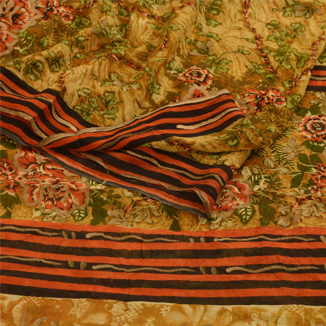 Sanskriti Vintage Green Printed Sarees Pure Chiffon Silk Sari Soft Craft Fabric