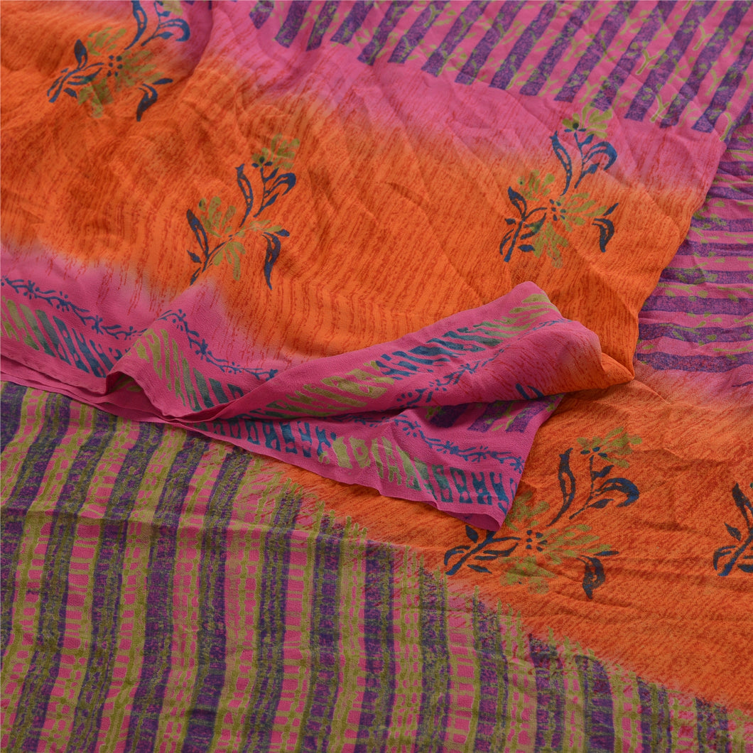 Sanskriti Vintage Pink Printed Sarees Pure Georgette Silk Sari 5yd Craft Fabric