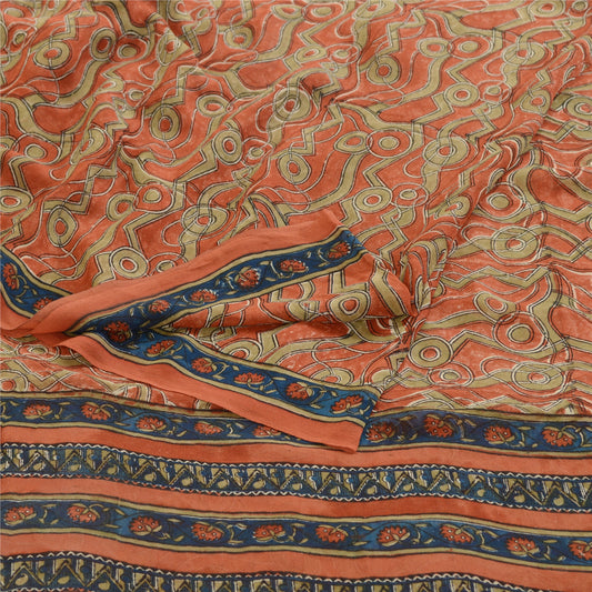 Sanskriti Vintage Dark-Peach Sarees Pure Georgette Silk Print Sari Craft Sustainable Fabric