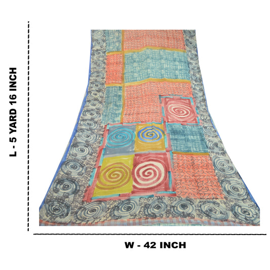 Sanskriti Vintage Blue Sarees 100% Pure Georgette Silk Printed Sari Craft Sustainable Fabric
