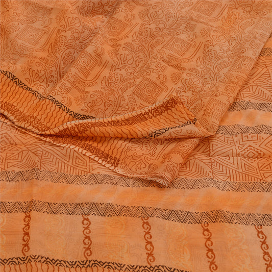 Sanskriti Vintage Peach Sarees Pure Chiffon Silk Sari Printed Soft Craft Sustainable Fabric