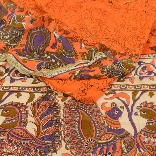 Sanskriti Vintage Orange Peacock Sarees Blend Georgette Sari Print Craft Sustainable Fabric