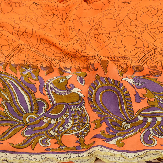 Sanskriti Vintage Orange Peacock Sarees Blend Georgette Sari Print Craft Sustainable Fabric
