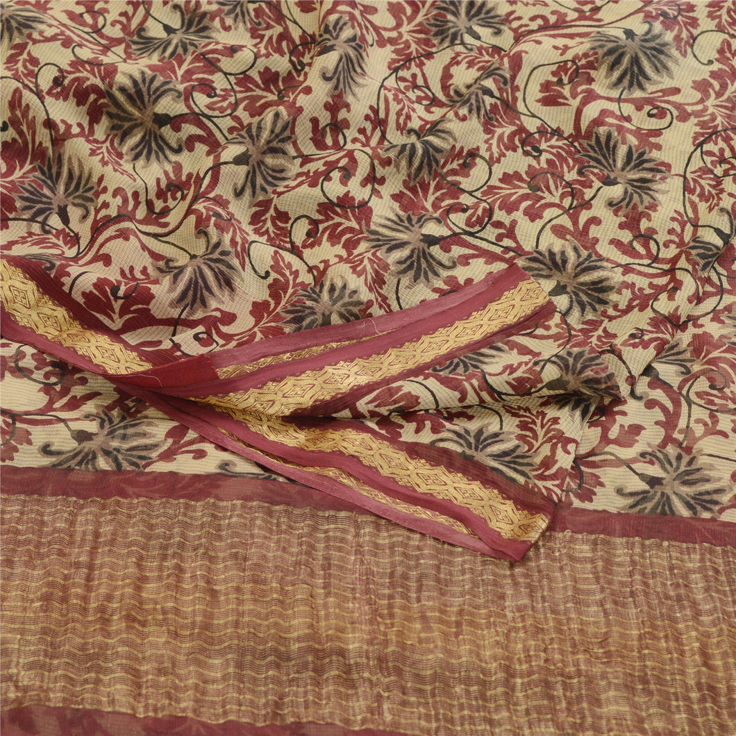 Sanskriti Vintage Brown Sarees Pure Chiffon Silk Sari Print Zari Craft Fabric